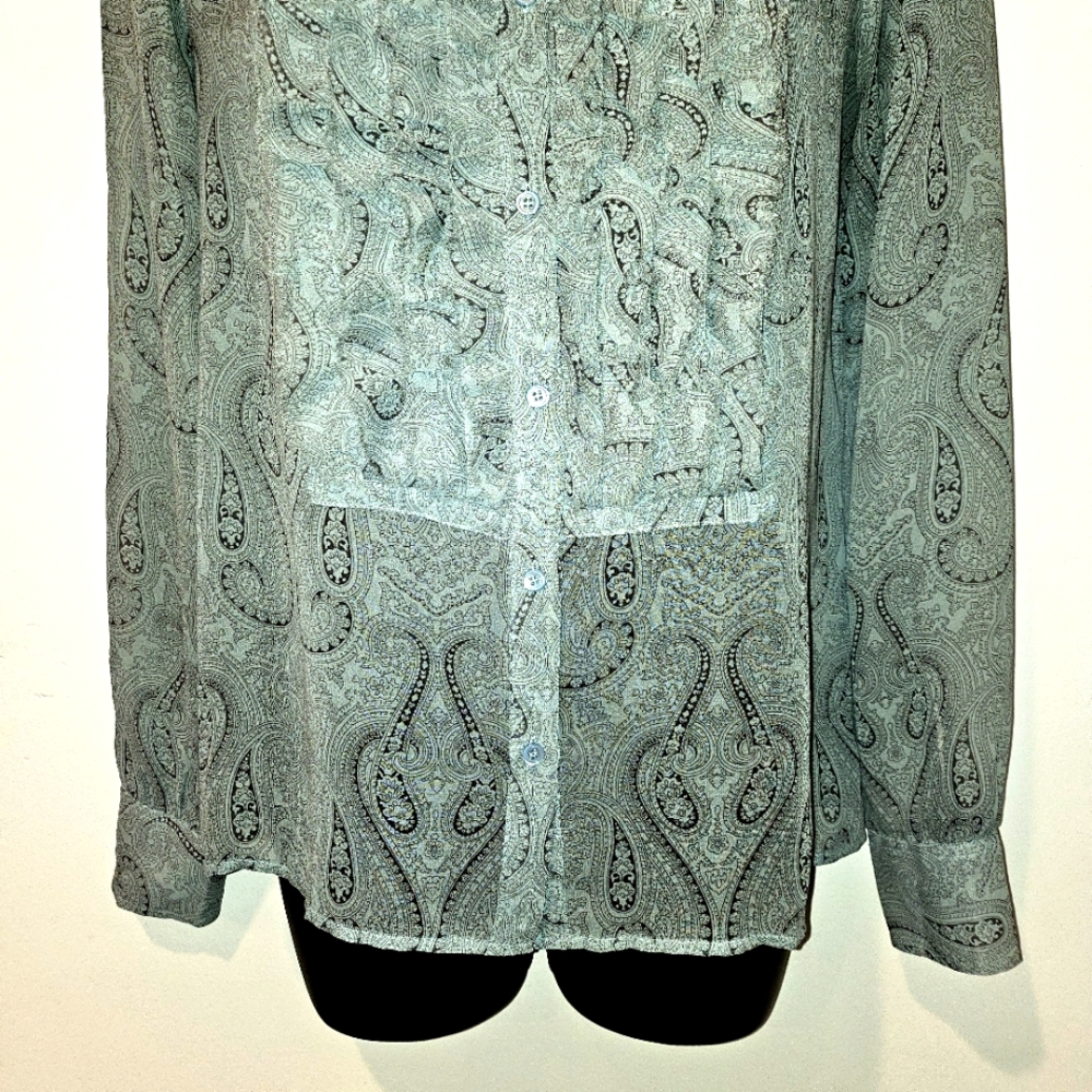 J.CREW Green Paisley 100% Silk Sheer Button Up Blouse Sz 2 Like New Condition - Picture 3 of 7
